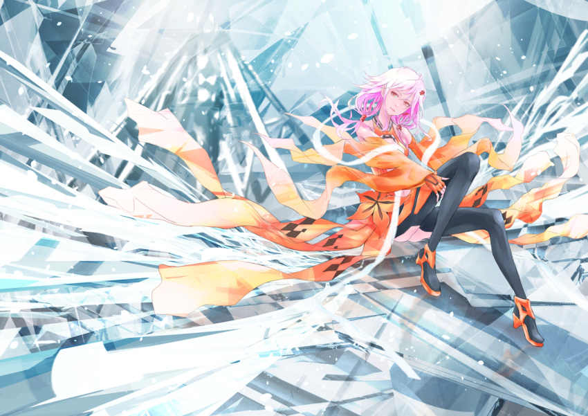 1girl bare_shoulders black_legwear breasts center_opening cleavage detached_sleeves elbow_gloves fingerless_gloves gloves guilty_crown hair_ornament hairclip head_tilt long_hair looking_at_viewer medium_breasts navel pink_hair red_eyes smile solo tanikku twintails yuzuriha_inori