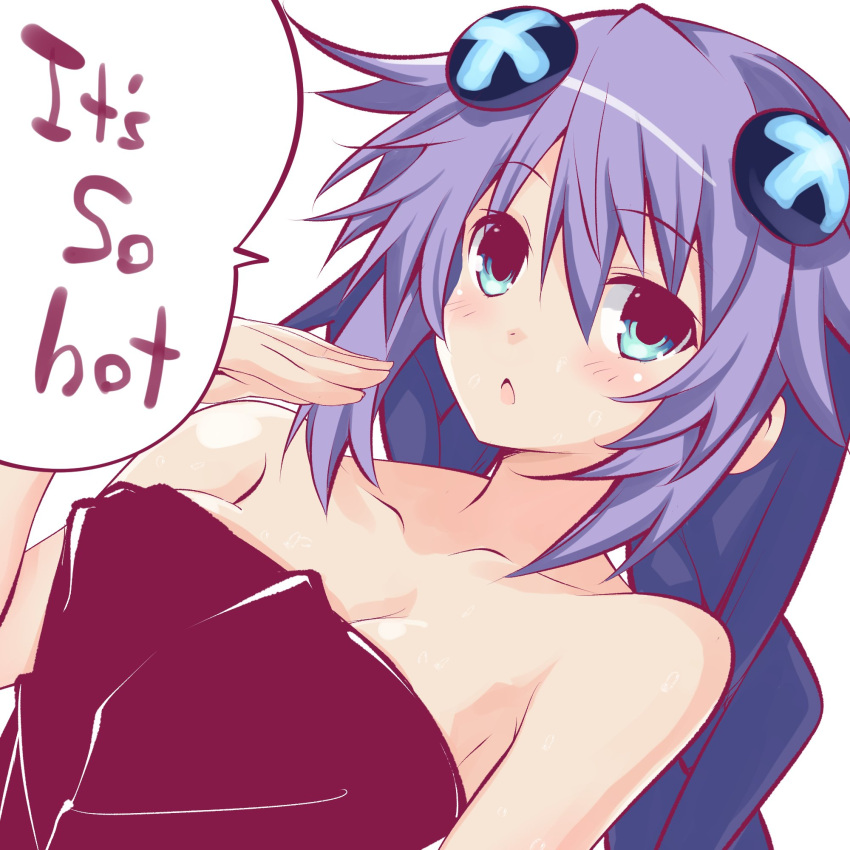 1girl :o arm bare_arms bare_shoulders black_towel blue_eyes blush braid breasts choujigen_game_neptune cleavage collarbone d-pad english female hair_between_eyes hair_ornament hairpods highres iwasi-r large_breasts long_hair looking_at_viewer naked_towel neck neptune_(choujigen_game_neptune) neptune_(series) open_mouth purple_hair purple_heart shin_jigen_game_neptune_vii shiny shiny_hair shiny_skin smile solo speech_bubble talking text towel twin_braids upper_body