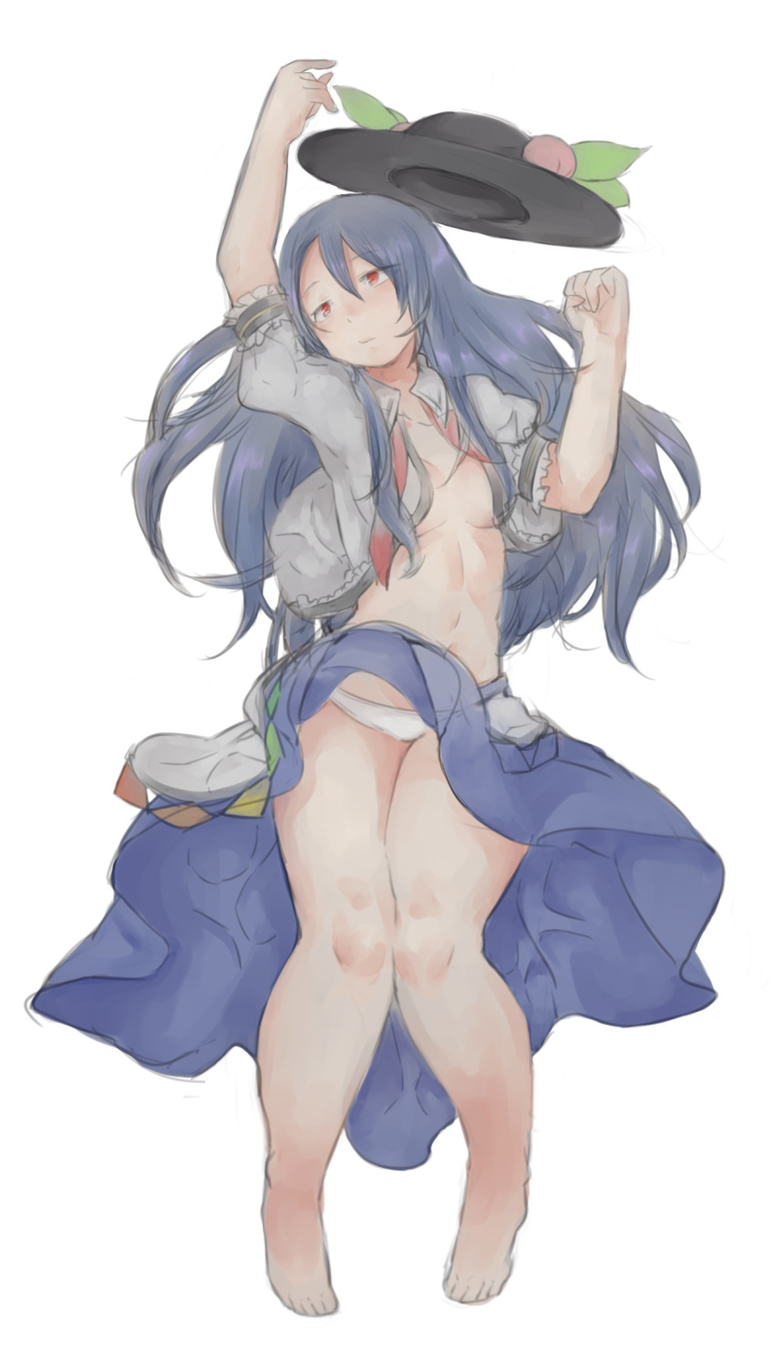 1girl barefoot blue_hair bored breasts curvy expressionless food fruit hat highres hinanawi_tenshi open_clothes open_shirt panties peach pushun_(muteki) red_eyes shirt skirt small_breasts solo thick_thighs thighs touhou underwear white_panties