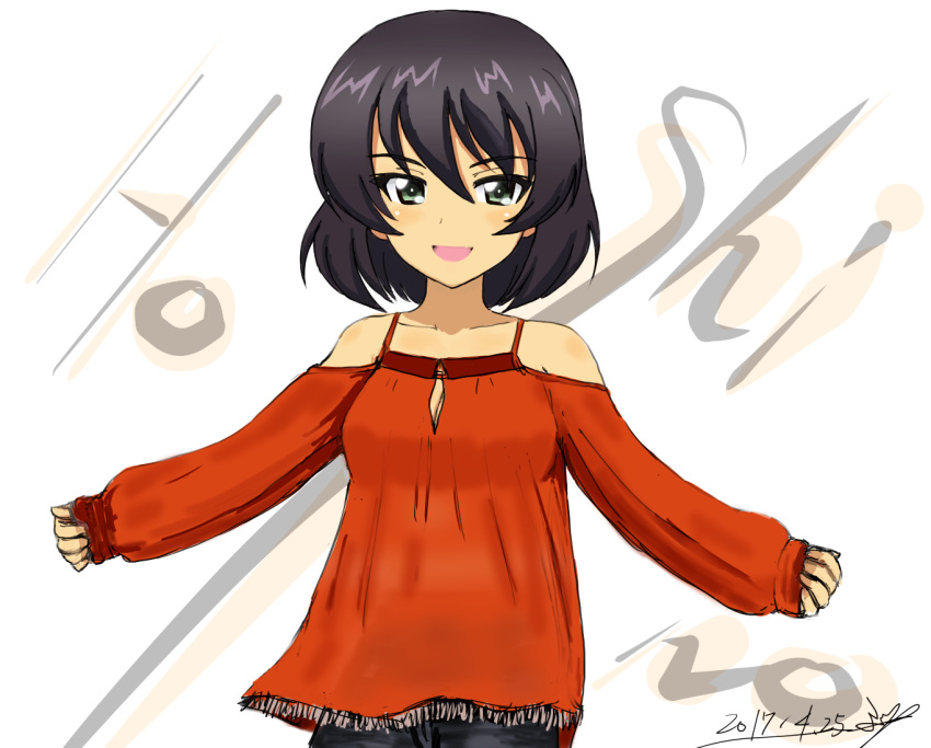 1girl artist_name bangs blouse brown_hair bukkuri casual character_name dark_skin girls_und_panzer green_eyes hoshino_(girls_und_panzer) long_sleeves looking_at_viewer open_mouth outstretched_arms red_blouse romaji short_hair signature simple_background sketch smile solo spaghetti_strap spread_arms standing upper_body white_background