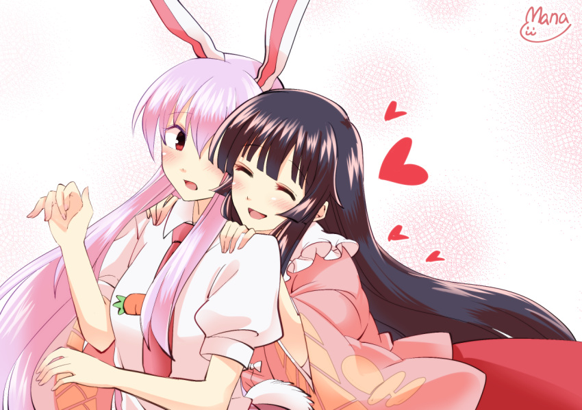 2girls :d ^_^ animal_ears bangs black_hair blouse blunt_bangs bunny_tail carrot closed_eyes collar collared_shirt commentary_request frilled_collar frills hair_between_eyes hair_over_one_eye hands_on_another's_shoulders heart houraisan_kaguya lavender_hair long_hair mana_(gooney) multiple_girls necktie one_eye_covered open_mouth pink_blouse puffy_short_sleeves puffy_sleeves rabbit_ears red_eyes red_necktie red_skirt reisen_udongein_inaba shirt short_sleeves signature skirt smile tail touhou very_long_hair white_shirt wide_sleeves yuri