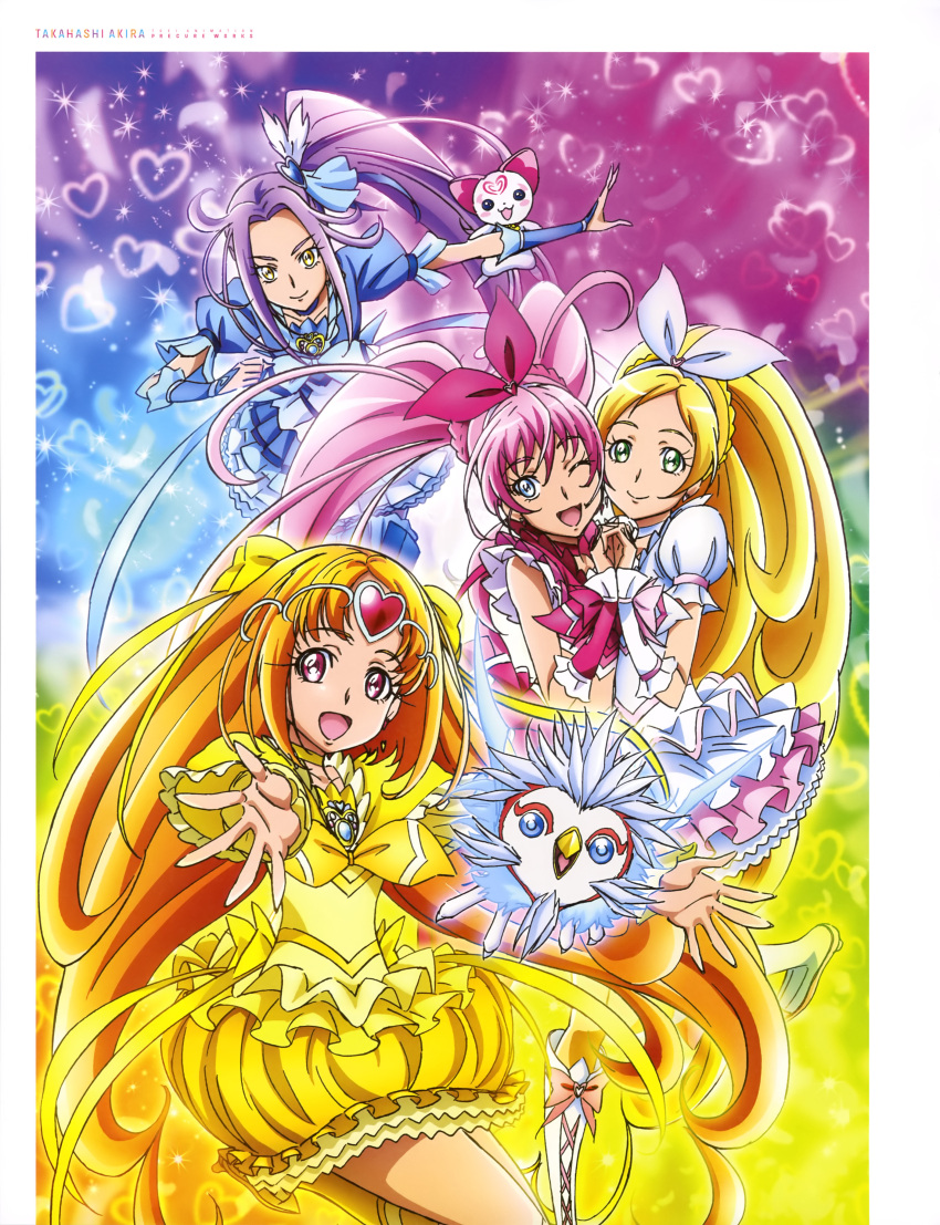 4girls ;d absurdly_long_hair absurdres blonde_hair blue_boots blue_dress blue_eyes boots bow capelet choker cure_beat cure_melody cure_muse_(yellow) cure_rhythm dress green_eyes hair_bow hair_ribbon hairband high_ponytail highres hummy_(suite_precure) interlocked_fingers knee_boots layered_dress long_hair looking_at_viewer midriff multiple_girls one_eye_closed open_mouth outstretched_arm precure purple_hair red_eyes red_ribbon ribbon ribbon_choker short_sleeves side_ponytail sleeveless smile suite_precure takahashi_akira thigh-highs thigh_boots very_long_hair white_hairband white_ribbon yellow_boots yellow_bow yellow_dress yellow_eyes yellow_ribbon