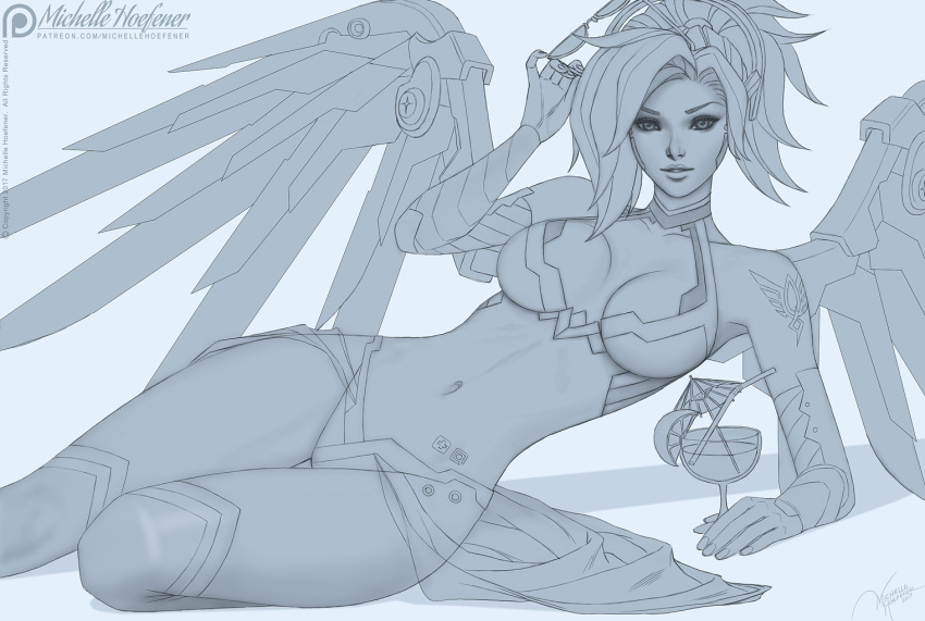 1girl adapted_costume arm_support arm_tattoo arm_up armor artist_name bikini_armor breasts cleavage cup drinking_glass drinking_straw eyeshadow grey_background hand_in_hair holding holding_sunglasses lips looking_at_viewer lying makeup martini mechanical_halo mechanical_wings medium_breasts mercy_(overwatch) michelle_hoefener navel nose on_side overwatch parted_lips shadow signature simple_background sketch solo sunglasses swiss_flag tattoo wine_glass wings work_in_progress