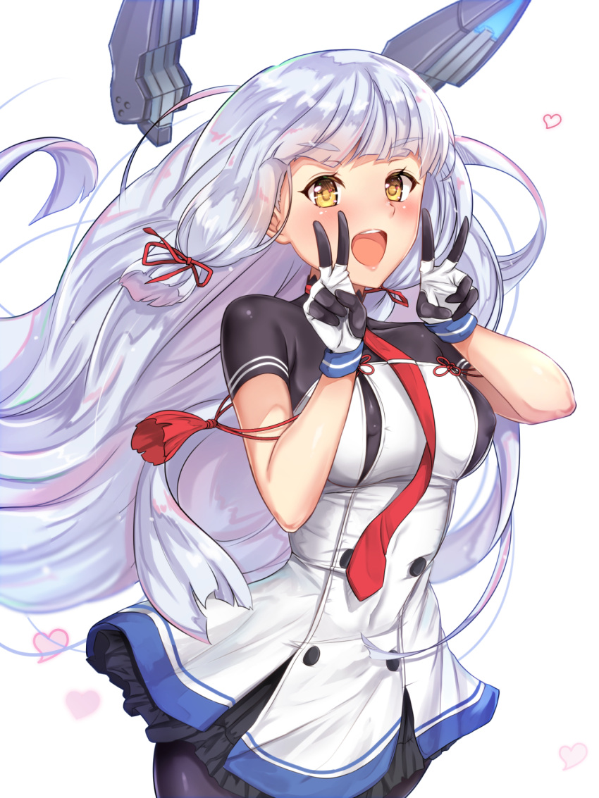 1girl anniversary bangs blush breasts buttons crop_top double_v dress erect_nipples eyebrows eyebrows_visible_through_hair hair_ornament hair_ribbon headgear heart highres kantai_collection long_hair looking_at_viewer medium_breasts murakumo_(kantai_collection) necktie open_mouth pantyhose remodel_(kantai_collection) ribbon silver_hair simple_background smile solo strapless strapless_dress teeth tress_ribbon tube_dress untsue v white_background yellow_eyes