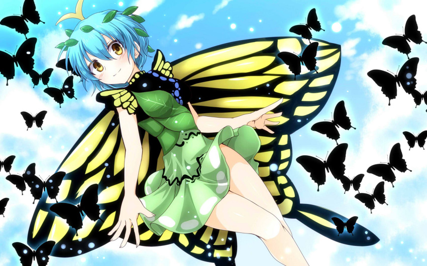 1girl antennae bangs bare_legs blue_hair blue_sky blush butterfly butterfly_wings cowboy_shot day dress etarnity_larva flying g_(desukingu) green_dress hair_between_eyes hair_ornament highres leaf_hair_ornament looking_at_viewer short_hair sky smile solo touhou wings yellow_eyes