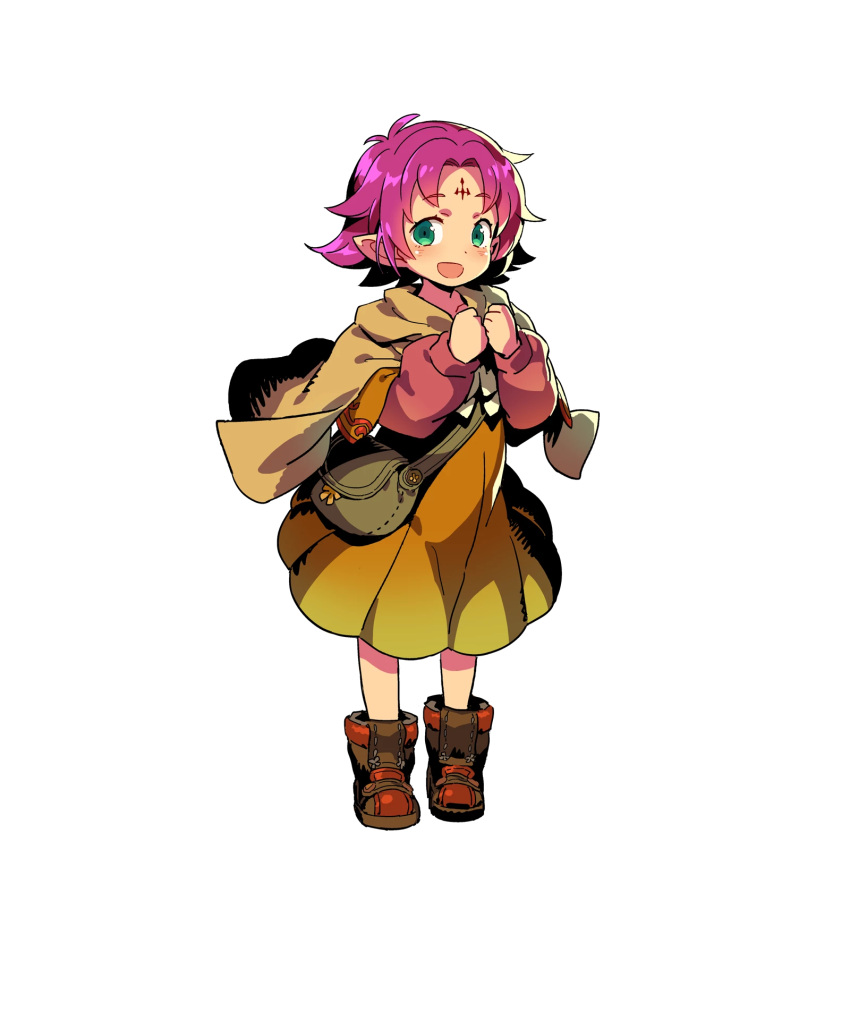 bag boots cape capelet child dress eyebrows_visible_through_hair fa facial_mark fire_emblem fire_emblem:_fuuin_no_tsurugi fire_emblem_heroes forehead_mark full_body green_eyes highres himukai_yuuji long_sleeves looking_at_viewer official_art open_mouth pink_hair pointing ribbon short_dress short_hair solo transparent_background