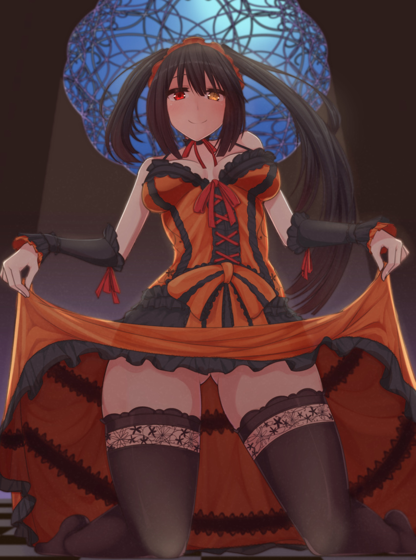 1girl bare_shoulders black_hair blush breasts cleavage clock_eyes date_a_live dress dura hairband heterochromia highres kneeling lolita_fashion lolita_hairband long_hair looking_at_viewer medium_breasts no_panties pleated_skirt red_eyes skirt skirt_lift smile solo symbol-shaped_pupils thigh-highs tokisaki_kurumi twintails wide_hips yellow_eyes
