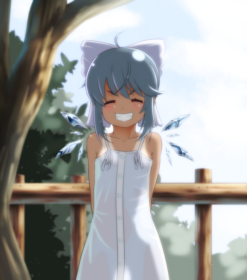 1girl alternate_costume arms_behind_back bare_shoulders blue_hair cirno clenched_teeth closed_eyes commentary_request dress fence grin highres ice ice_wings ikaringu looking_at_viewer see-through short_hair smile solo strap sweat tan tanline teeth touhou tree white_dress wings wooden_fence