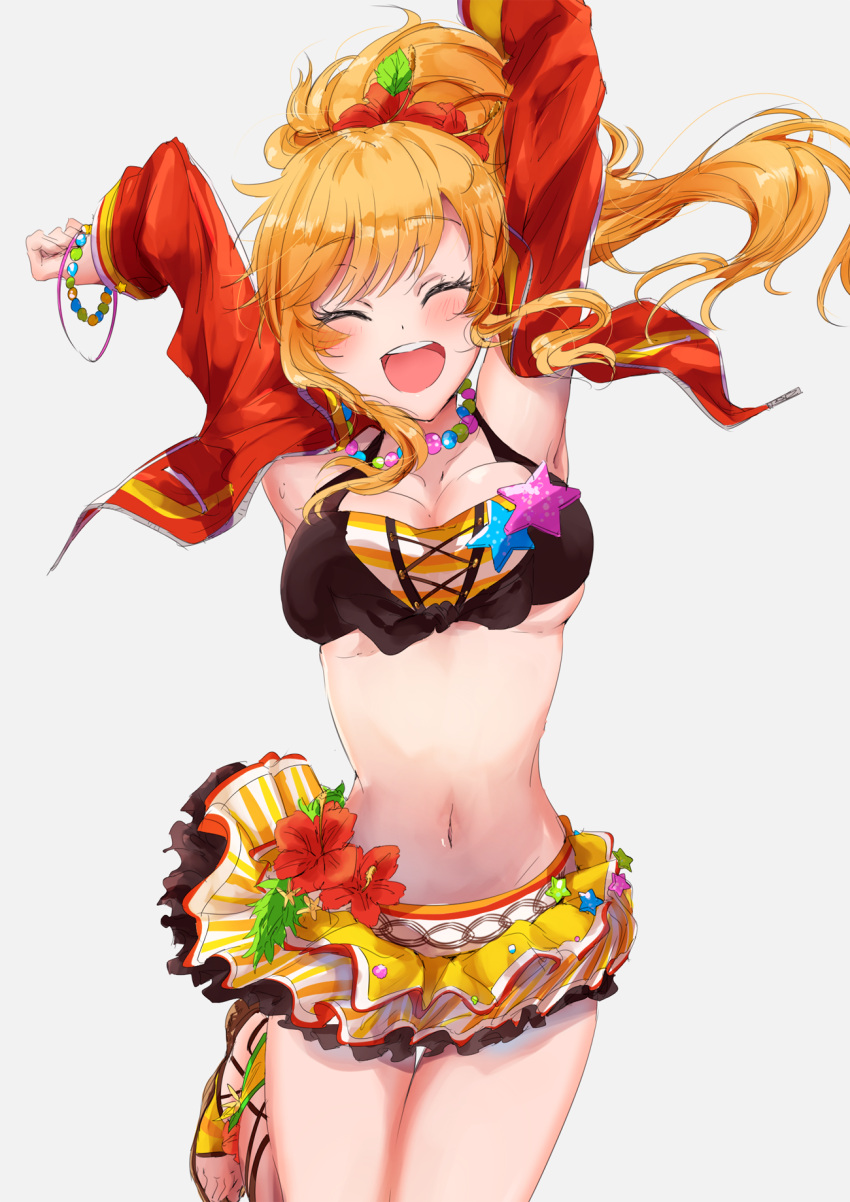 1girl arms_up bangs bead_bracelet bead_necklace beads bikini_top black_bikini_top black_frills blonde_hair blush bracelet breasts cleavage closed_eyes collarbone cross-laced_legwear eyebrows_visible_through_hair flower flower_ornament frilled_skirt frills front-tie_top hair_flower hair_ornament highres idolmaster idolmaster_cinderella_girls idolmaster_cinderella_girls_starlight_stage jacket jewelry leaf_hair_ornament leg_up long_hair medium_breasts midriff najuco_(naju0517) navel necklace ootsuki_yui open_clothes open_jacket open_mouth ponytail red_jacket sandals sidelocks simple_background skirt smile solo star striped striped_bikini_top striped_skirt thighs under_boob waist yellow_bikini_top yellow_skirt
