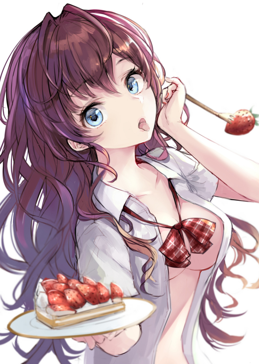 1girl blue_eyes bow bowtie breasts brown_hair cake cleavage collarbone food fork fruit highres ichinose_shiki idolmaster idolmaster_cinderella_girls long_hair looking_at_viewer medium_breasts minato_(shouno) necktie open_clothes open_mouth open_shirt plaid plaid_bow plate red_necktie shirt short_sleeves simple_background sketch slice_of_cake solo strawberry tongue upper_body white_background white_shirt