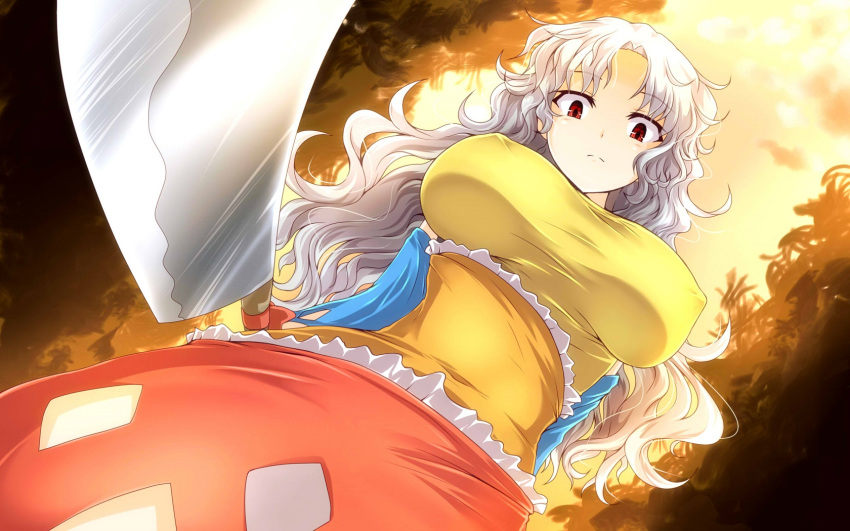 1girl breasts detached_sleeves dress erect_nipples expressionless from_below g_(desukingu) hatchet highres holding holding_weapon impossible_clothes large_breasts long_hair looking_at_viewer oriental_hatchet outdoors red_eyes sakata_nemuno silver_hair solo touhou wavy_hair weapon