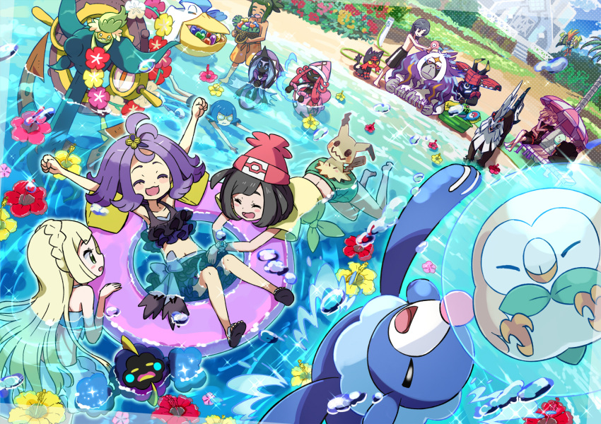 4boys 4girls ^_^ acerola_(pokemon) arms_up basket beach beanie bikini blush blush_stickers bubble character_request closed_eyes cosmog dark_skin day dhelmise elite_four flower frilled_bikini frills gladio_(pokemon) goggles hair_dryer happy hat hau_(pokemon) kingin kuchinashi_(pokemon) lillie_(pokemon) litten male_swimwear midriff mimikyu mizuki_(pokemon_sm) multiple_boys multiple_girls navel ocean one-piece_swimsuit open_mouth oranguru outdoors partially_submerged pelipper pokemon pokemon_(creature) pokemon_(game) pokemon_sm popplio porygon-z pose rowlet shirt shorts smile splashing suiren_(pokemon) swim_trunks swimsuit swimwear tapu_bulu tapu_fini tapu_koko tapu_lele topless trial_captain type:_null water you_(pokemon_sm)