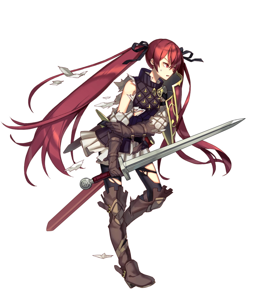 1girl belt black_legwear boots fire_emblem fire_emblem_heroes fire_emblem_if full_body gloves hair_ribbon highres knee_boots long_hair luna_(fire_emblem_if) mercenary_(fire_emblem) official_art pantyhose pauldrons red_eyes redhead ribbon sheath single_pauldron skirt solo sword torn_clothes transparent_background twintails very_long_hair weapon white_skirt zaza_(x-can01)