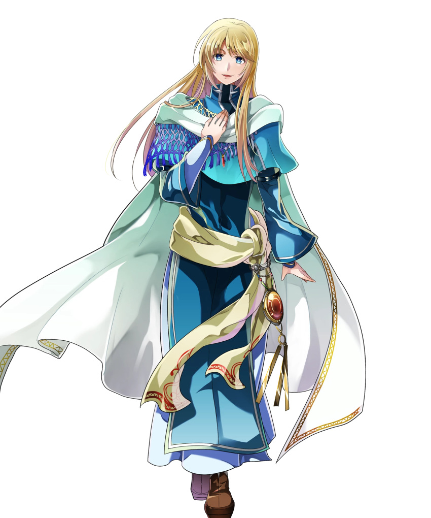 1boy bag bangs blonde_hair blue_dress blue_eyes boots cape dress fire_emblem fire_emblem:_rekka_no_ken fire_emblem_heroes full_body hand_on_own_chest highres itagaki_hako jewelry long_hair long_sleeves looking_at_viewer lucius official_art smile solo transparent_background