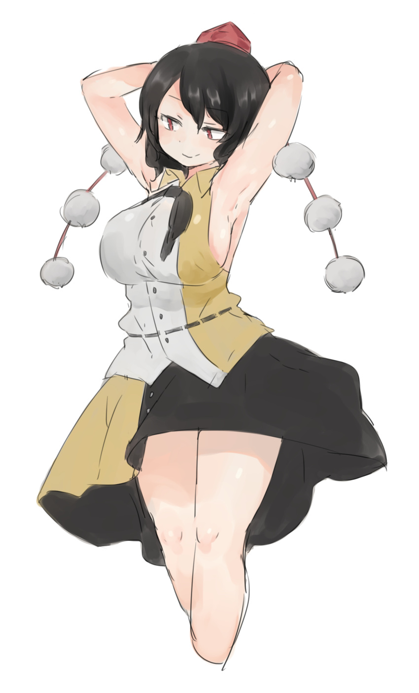 1girl absurdres armpits arms_behind_head bare_arms black_hair breasts collared_shirt curvy hat highres large_breasts looking_down pom_pom_(clothes) pushun_(muteki) red_eyes shameimaru_aya shirt short_hair skirt sleeveless smile solo tokin_hat touhou