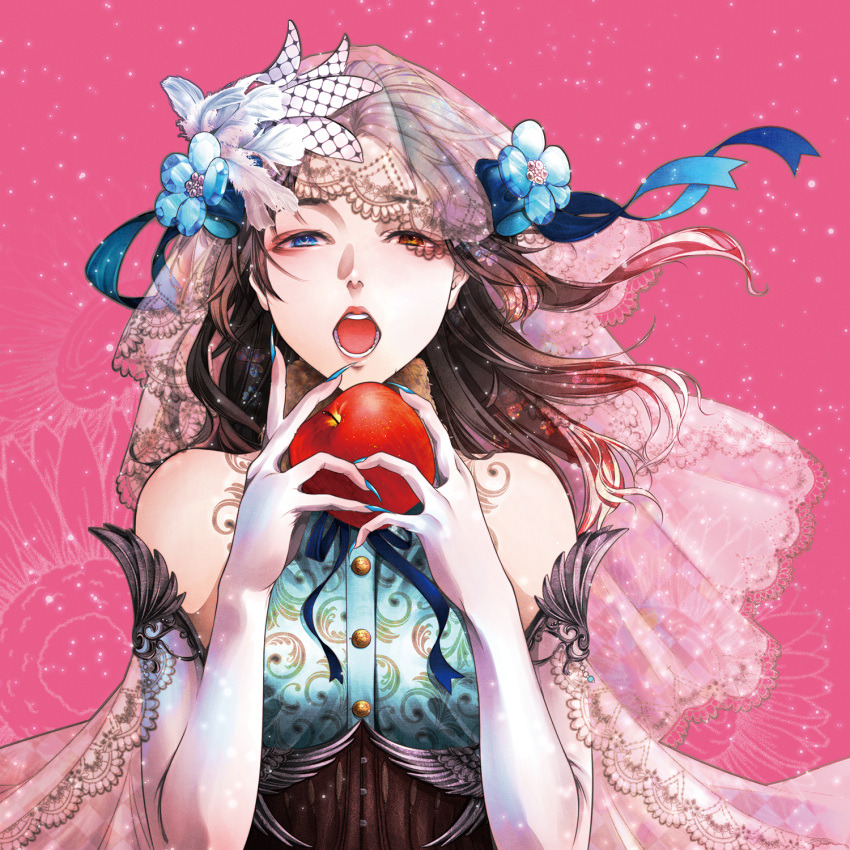 1girl apple aya_itsuki bare_shoulders black_hair blue_eyes blue_nails detached_sleeves eyebrows fingernails flower food fruit hair_flower hair_ornament heterochromia highres lips long_fingernails nail_polish nengajou new_year open_mouth orange_eyes original pink_background red_apple see-through sharp_fingernails solo upper_body veil