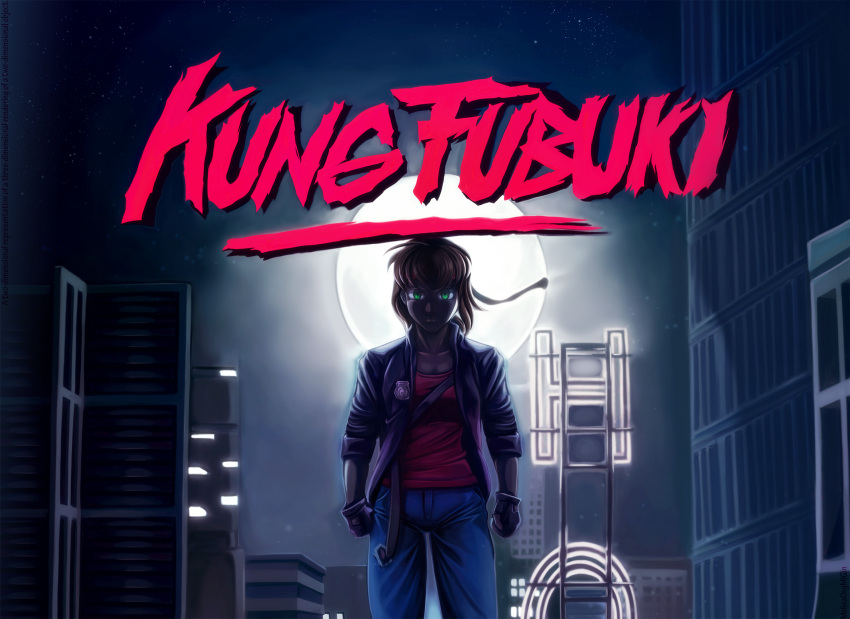 1girl brown_hair city copyright_name cosplay denim fubuki_(kantai_collection) full_moon gloves green_eyes highres jacket jeans kantai_collection kung_fury_(character) kung_fury_(character)_(cosplay) kung_fury_(film) looking_at_viewer melisaongmiqin moon pants parody pun red_headband red_shirt shirt sky star_(sky) starry_sky style_parody title_parody torn_clothes torn_jeans