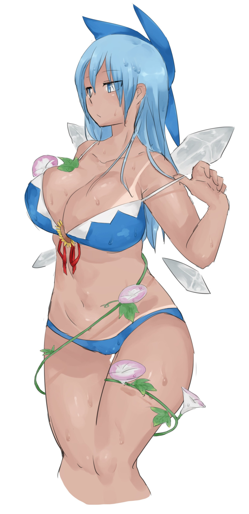 1girl absurdres blue_eyes blue_hair bow breasts cirno commentary curvy dark_skin flower hair_bow hidden_star_in_four_seasons highres ice ice_wings jitome large_breasts long_hair morning_glory older pushun_(muteki) short_hair solo strap_pull sweat tan tanline touhou wings