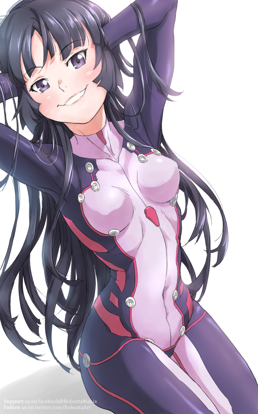 arms_behind_head black_hair bodysuit facebook_username grin guilty_crown headgear highres hime_cut leotard long_hair robusta_mania simple_background skin_tight smile tsugumi_(guilty_crown) twitter_username white_background