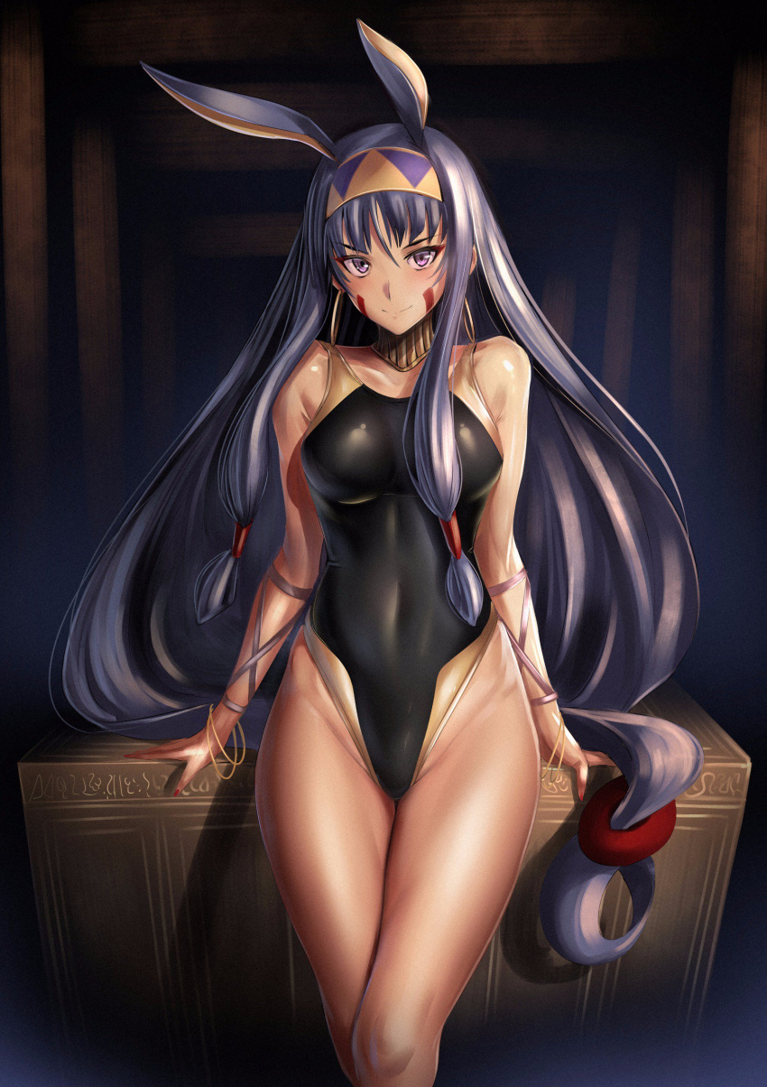 1girl absurdres bare_shoulders blush bracelet breasts competition_swimsuit covered_navel earrings egyptian facial_mark fate/grand_order fate_(series) hair_rings hair_tubes hairband highleg highleg_swimsuit highres hoop_earrings jewelry long_hair looking_at_viewer low-tied_long_hair medium_breasts nail_polish nitocris_(fate/grand_order) one-piece_swimsuit purple_hair sidelocks smile solo standing swimsuit ulrich_(tagaragakuin) very_long_hair violet_eyes