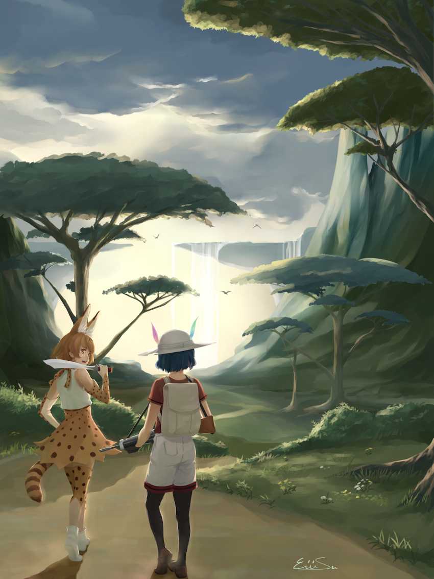 2girls animal_ears artist_name backpack bag bird black_gloves black_hair black_legwear blonde_hair boots brown_eyes brown_shoes bucket_hat bush clouds eiri_su elbow_gloves from_behind gloves grass gun hat hat_feather high-waist_skirt highres holding holding_gun holding_weapon kaban_(kemono_friends) kemono_friends looking_to_the_side machete multiple_girls open_mouth outdoors pantyhose path red_shirt rifle road serval_(kemono_friends) serval_ears serval_print serval_tail shadow shirt shoes short_hair short_sleeves shorts signature skirt sky sleeveless sleeveless_shirt standing striped_tail sunset tail thigh-highs tree water waterfall weapon white_boots white_shirt white_shorts