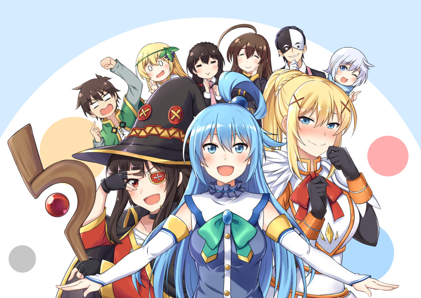 0_0 2boys 6+girls :&gt; :d ;d =_= ^_^ ahoge aqua_(konosuba) arm_up armor black_gloves black_hair blank_eyes blonde_hair blue_eyes blue_hair blush braid breastplate breasts cape choker chris_(konosuba) clenched_hands closed_eyes closed_mouth darkness_(konosuba) detached_sleeves evil_grin evil_smile eyebrows_visible_through_hair eyepatch fingerless_gloves food fruit gloves grapes grin hair_between_eyes hair_ornament hair_rings hair_slicked_back hand_on_own_cheek hand_on_own_chin hat head_tilt high_ponytail highres holding holding_staff huge_ahoge index_finger_raised iris_(konosuba) kono_subarashii_sekai_ni_shukufuku_wo! long_hair long_sleeves looking_at_viewer mask medium_breasts megumin multiple_boys multiple_girls naginoya one_eye_closed open_mouth outstretched_arms pointing pointing_at_self red_eyes satou_kazuma scar_on_cheek short_hair smile staff star star_print vanir very_long_hair white_gloves witch witch_hat wiz_(konosuba) x_hair_ornament yunyun_(konosuba)