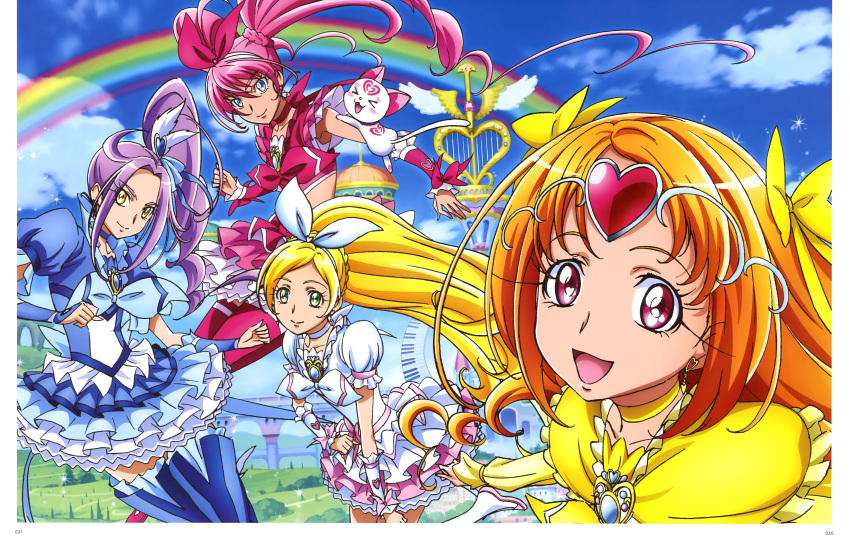 4girls :d absurdly_long_hair absurdres blonde_hair blue_boots blue_dress blue_eyes blue_ribbon boots bow capelet choker clouds cloudy_sky cure_beat cure_melody cure_muse_(yellow) cure_rhythm detached_sleeves dress green_eyes hair_bow hair_ribbon hairband high_ponytail highres hummy_(suite_precure) layered_dress layered_skirt long_hair looking_at_viewer midriff multiple_girls open_mouth orange_hair pink_hair precure purple_hair rainbow red_eyes red_legwear red_ribbon ribbon ribbon_choker short_sleeves side_ponytail sky smile suite_precure takahashi_akira thigh-highs thigh_boots very_long_hair white_boots white_hairband white_ribbon yellow_bow yellow_eyes yellow_ribbon zettai_ryouiki