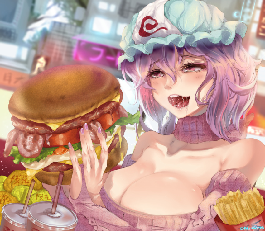 1girl alternate_costume artist_name bacon bare_shoulders blizzomos blurry blush breasts cheese cleavage collarbone contemporary depth_of_field detached_sleeves food french_fries hair_between_eyes hamburger hat highres holding holding_food large_breasts lettuce mob_cap nail_polish open_mouth pink_eyes pink_hair pink_nails pink_scarf ribbed_sweater saigyouji_yuyuko saliva scarf soda solo sweater tomato touhou triangular_headpiece upper_body