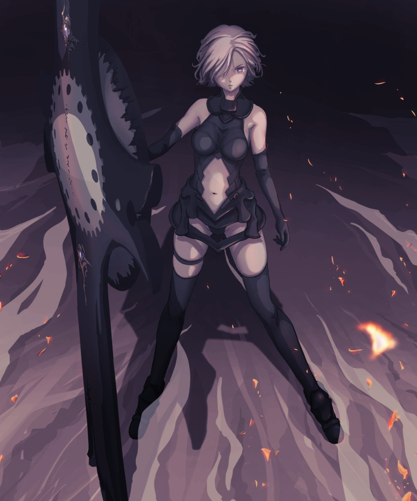 1girl armor armored_dress bare_shoulders black_gloves black_legwear breasts commentary_request elbow_gloves fate/grand_order fate_(series) full_body gloves hair_over_one_eye highres lavender_hair medium_breasts navel pandarou revision shadow shield shielder_(fate/grand_order) short_hair solo standing thigh-highs thigh_strap violet_eyes
