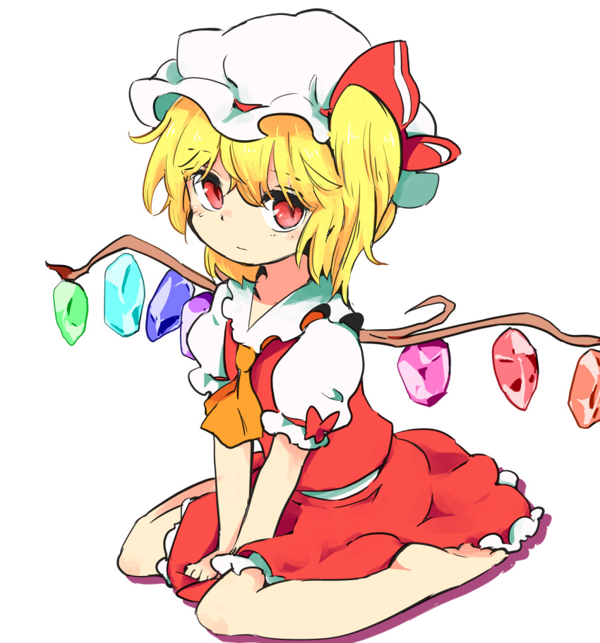 1girl ascot barefoot blonde_hair commentary_request crystal flandre_scarlet full_body hat hat_ribbon highres looking_at_viewer mob_cap moyazou_(kitaguni_moyashi_seizoujo) puffy_sleeves red_eyes ribbon shirt short_hair short_sleeves side_ponytail simple_background sitting skirt skirt_set slit_pupils solo touhou vest white_background wings
