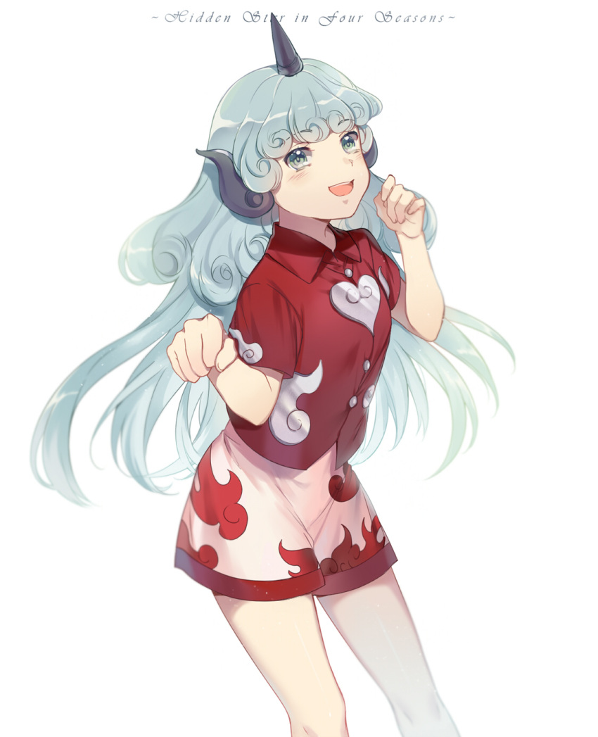 1girl aqua_hair buttons cloud_print collared_shirt copyright_name curly_hair ekira_nieto green_eyes heart hidden_star_in_four_seasons highres komano_aunn long_hair red_shirt shirt shorts sketch solo touhou white_background white_shorts