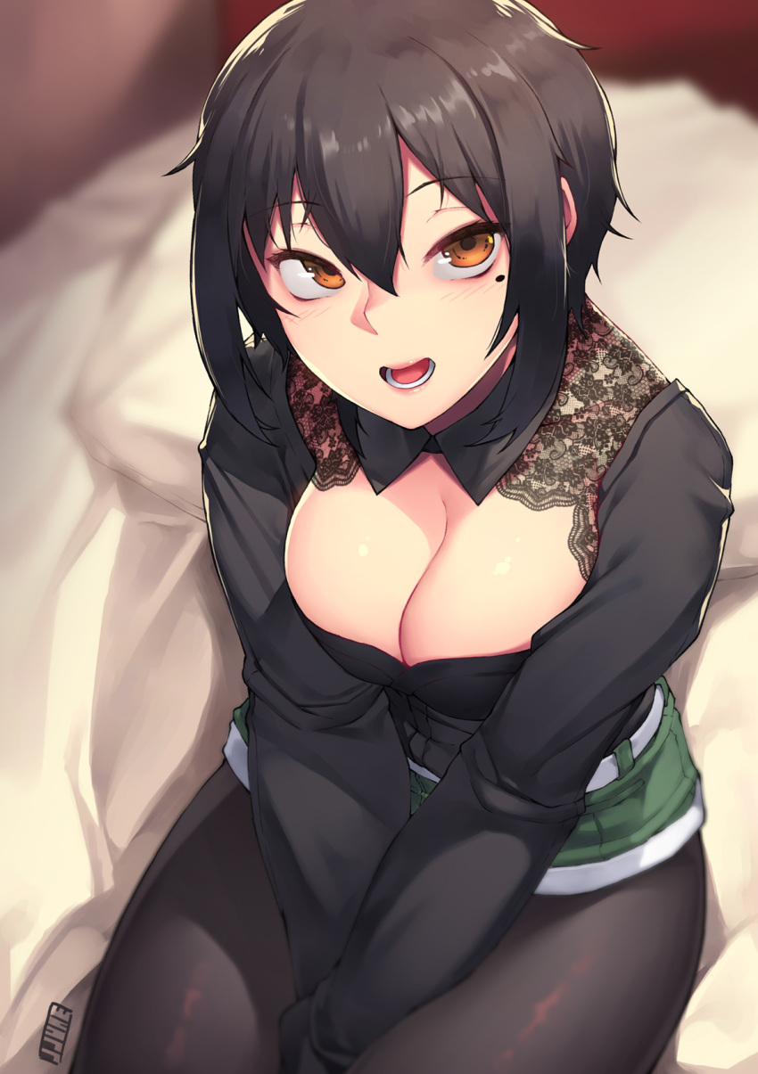 1girl :d artist_name bangs bed_sheet belt between_legs black_legwear black_shirt blush breasts brown_eyes cleavage cleavage_cutout collared_shirt eyebrows_visible_through_hair from_above green_shorts hair_between_eyes hand_between_legs highres indoors jjune large_breasts light_brown_eyes lips long_sleeves looking_at_viewer mole mole_under_eye on_bed open_mouth original pantyhose pillow pink_lips rumi_morimiya seiza shirt short_hair short_shorts shorts sidelocks sitting sitting_on_bed smile solo teeth tongue white_belt wing_collar