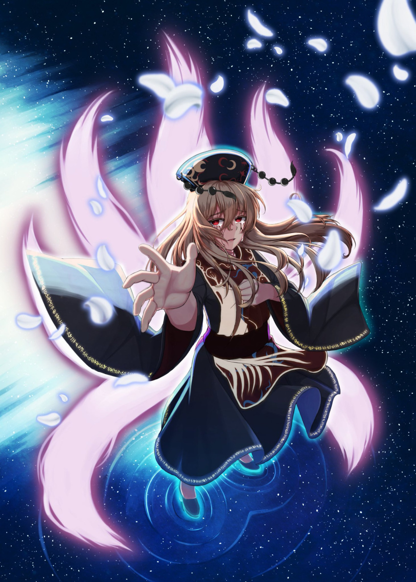 1girl black_dress blonde_hair breasts chinese_clothes crescent crying crying_with_eyes_open dress energy foreshortening fox_tail full_body hair_between_eyes hat highres junko_(touhou) large_breasts long_hair long_sleeves looking_at_viewer multiple_tails ozu_(agito100001) parted_lips petals reaching_out red_eyes ripples sash solo space tabard tail tears touhou wide_sleeves