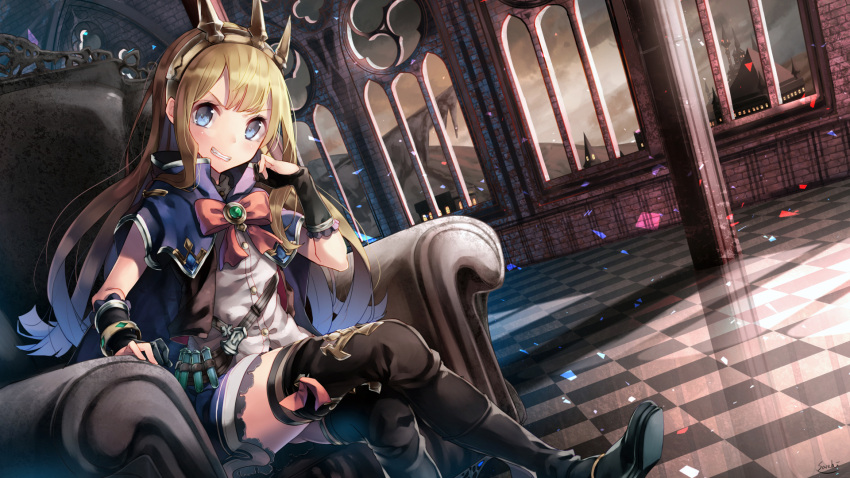 &gt;:) 1girl bangs black_boots black_legwear blonde_hair blue_eyes blue_skirt blush boots bow bowtie brooch cagliostro_(granblue_fantasy) capelet checkered checkered_floor clouds cloudy_sky couch dress_shirt granblue_fantasy grin hairband highres indoors jewelry legs_crossed long_hair looking_at_viewer miniskirt red_bow red_bowtie reflective_floor saraki shirt sidelocks sitting skirt sky smile solo test_tube thigh-highs tiara white_shirt zettai_ryouiki