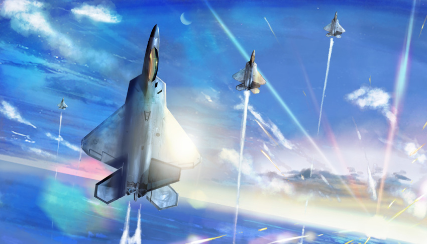 afterburner aircraft airplane clouds f-22_raptor fighter_jet fleet flying i.t.o_daynamics jet lens_flare military military_vehicle moon ocean real_life realistic