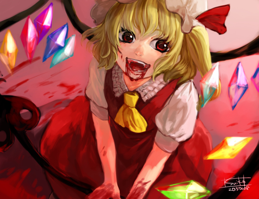 1girl ascot blonde_hair blood blood_in_mouth blood_on_face crystal dated fangs flandre_scarlet gradient gradient_background hat hat_ribbon itirirenn laevatein looking_at_viewer mob_cap puffy_sleeves red_background red_eyes ribbon shirt short_hair short_sleeves side_ponytail signature skirt skirt_set smile solo touhou vest wings