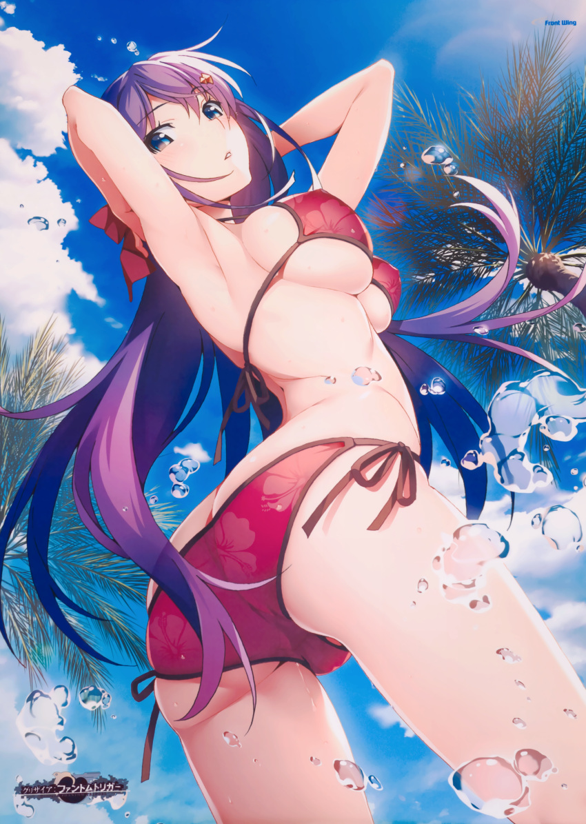 1girl absurdres armpits arms_behind_head arms_up ass bangs bare_arms bare_shoulders bikini blue_eyes blue_sky blush breasts clouds cloudy_sky company_name copyright_name cowboy_shot day erect_nipples eyebrows_visible_through_hair from_behind from_below fukami_rena grisaia_(series) grisaia_phantom_trigger hair_between_eyes hair_ornament hairclip highres large_breasts legs_apart looking_at_viewer looking_back lowleg lowleg_bikini official_art outdoors palm_tree parted_lips purple_hair red_bikini scan side-tie_bikini sky solo standing swimsuit teeth tree twisted_torso under_boob watanabe_akio water_drop