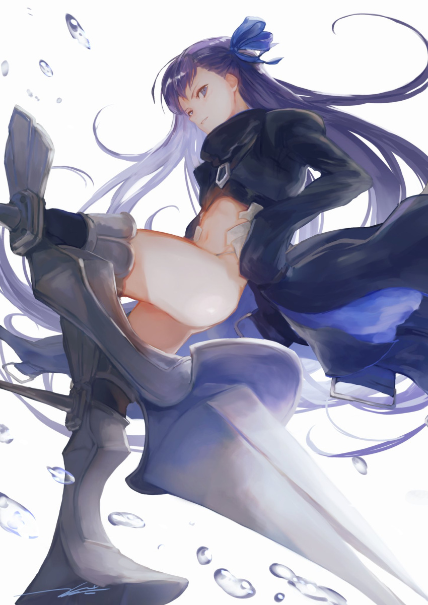 1girl ass blue_eyes bow fate/extra fate/extra_ccc fate_(series) flat_chest hair_bow hair_ribbon highres kouzuki_kei legs light_smile long_hair long_sleeves looking_at_viewer meltlilith midriff navel purple_hair ribbon signature simple_background solo spikes thighs very_long_hair water white_background