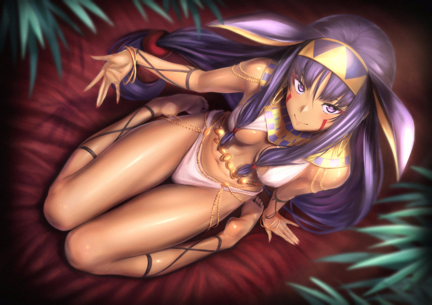 1girl absurdres animal_ears arm_at_side arm_support bangle bangs bare_shoulders barefoot belly_chain big_hair blunt_bangs bracelet breasts breasts_apart closed_mouth dark_skin earrings egyptian egyptian_clothes eyebrows_visible_through_hair eyelashes facepaint facial_mark fake_animal_ears fate/grand_order fate_(series) feet fingernails from_above full_body gold hair_between_eyes hair_ornament hair_rings hair_tubes hairband hand_up highres hoop_earrings jewelry lace-up leaf long_fingernails long_hair looking_at_viewer looking_up low-tied_long_hair medium_breasts nail_polish navel nitocris_(fate/grand_order) panties plant purple_hair reclining red_nails sidelocks sitting smile soles solo thigh_gap toes toned ulrich_(tagaragakuin) underwear very_long_hair violet_eyes wariza white_panties