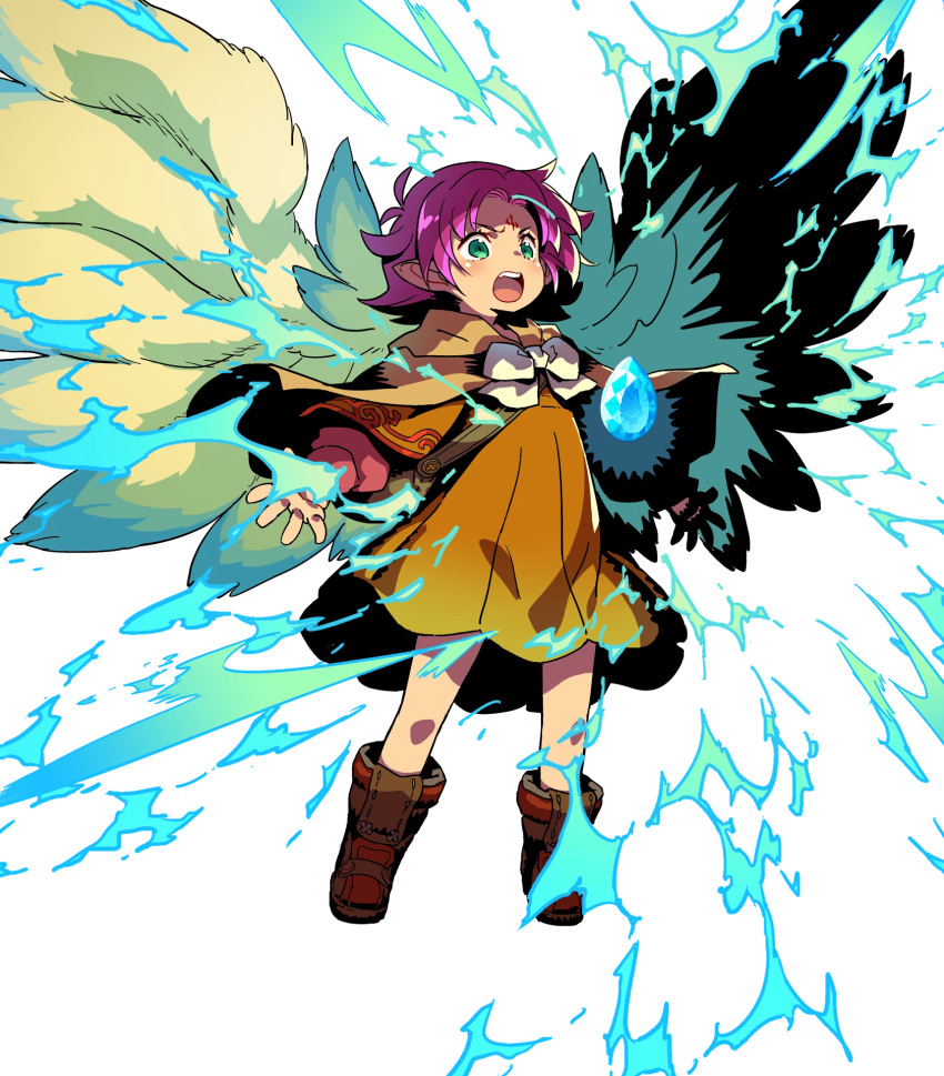 bag boots cape capelet child dress fa facial_mark fire_emblem fire_emblem:_fuuin_no_tsurugi fire_emblem_heroes forehead_mark full_body glowing green_eyes highres himukai_yuuji long_sleeves official_art open_mouth pink_hair pointing ribbon short_dress short_hair solo stone transparent_background wings