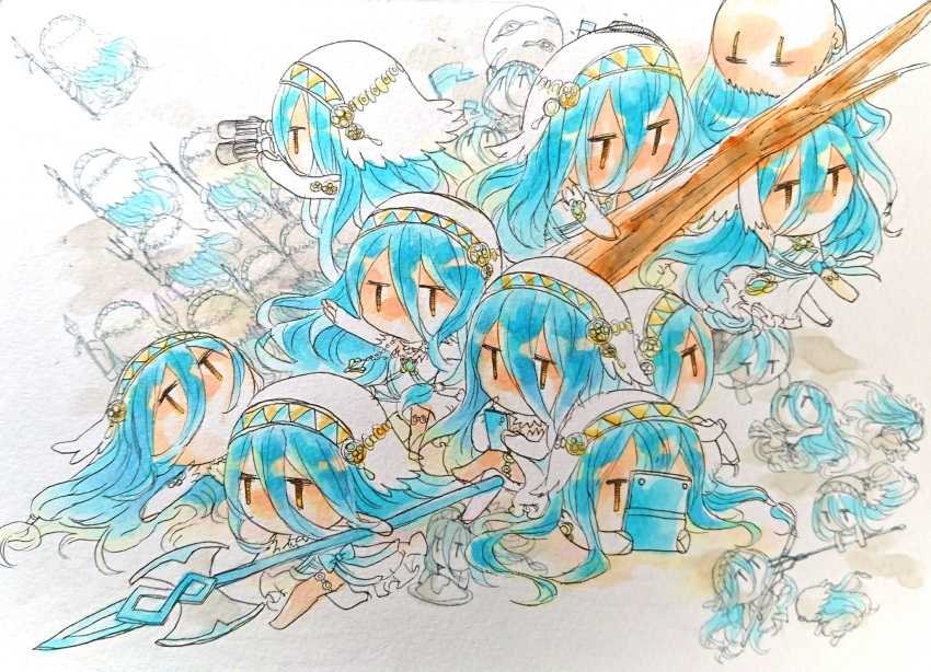 1girl aqua_(fire_emblem_if) bare_shoulders blue_hair chibi dress fire_emblem fire_emblem_if handheld_game_console highres holding holding_weapon log long_hair nintendo_ds playing polearm weapon