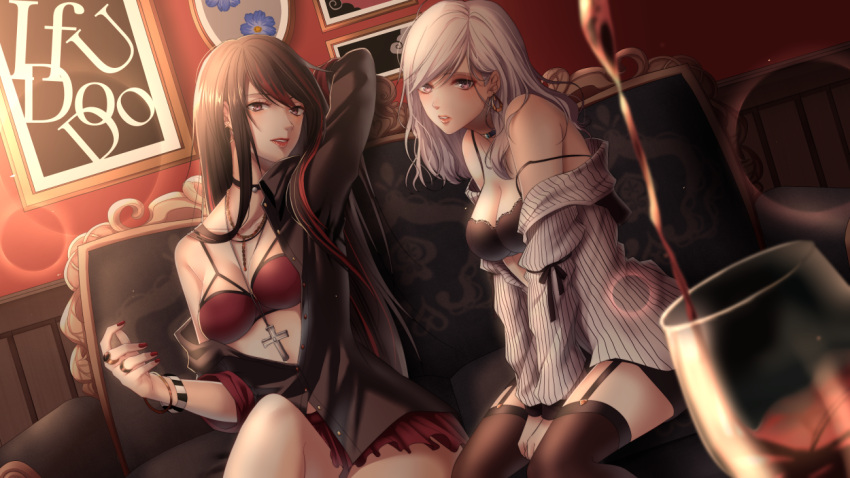 2girls alcohol black_bra black_eyes black_hair black_legwear black_shirt blurry blush bra bracelet breasts cleavage couch cross cross_necklace cup depth_of_field drinking_glass garter_straps grey_eyes indoors jewelry long_hair looking_at_viewer maka medium_breasts miniskirt multicolored_hair multiple_girls nail_polish necklace off_shoulder open_clothes open_shirt original painting_(object) parted_lips pouring red_bra red_eyes red_nails red_skirt shirt silver_hair sitting skirt strap_slip striped striped_shirt studded_collar thigh-highs two-tone_hair underwear v_arms vertical-striped_shirt vertical_stripes very_long_hair wine wine_glass