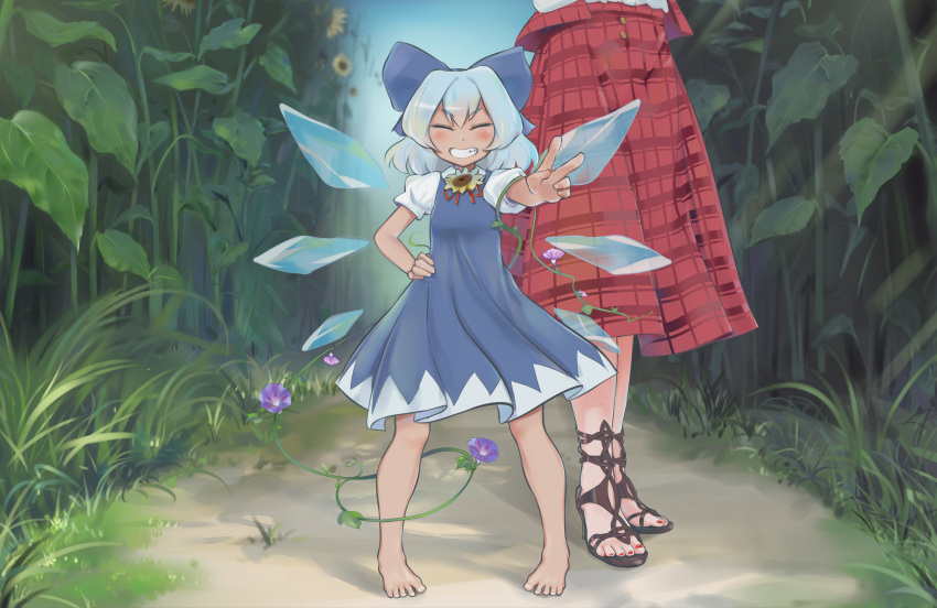2girls barefoot blue_dress blue_hair bow cirno closed_eyes commentary_request day dress eyebrows eyebrows_visible_through_hair facing_viewer feet field flower flower_field grin hair_bow hand_on_hip hidden_star_in_four_seasons high_heels highres ice ice_wings kazami_yuuka multiple_girls no_socks out_of_frame outdoors outstretched_arm plaid plaid_skirt plaid_vest plant puchikya puffy_short_sleeves puffy_sleeves sandals short_hair short_sleeves skirt smile solo_focus standing sunflower tan tanned_cirno toenail_polish toes touhou v vest vines wings