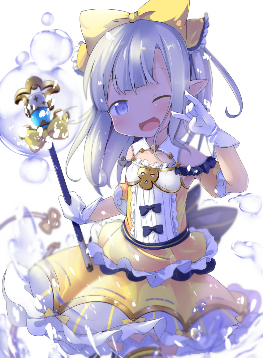 1girl ;d \m/ blue_eyes bow dress gloves granblue_fantasy hair_bow harbin highres lilulu long_hair looking_at_viewer makuran one_eye_closed open_mouth pointy_ears silver_hair smile solo tagme wand white_gloves