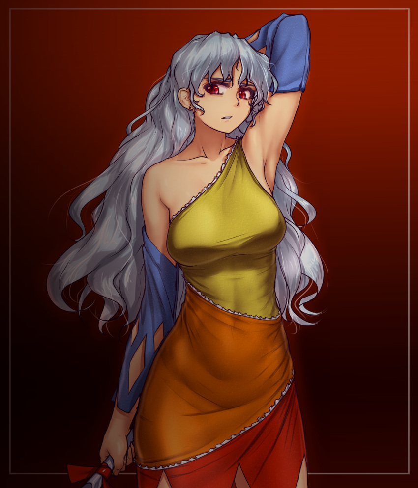 1girl arm_behind_head arm_up armpits breasts collarbone commentary detached_sleeves dress earrings hater_(hatater) highres jewelry large_breasts long_hair looking_at_viewer multicolored multicolored_clothes multicolored_dress red_eyes sakata_nemuno silver_hair solo touhou wavy_hair