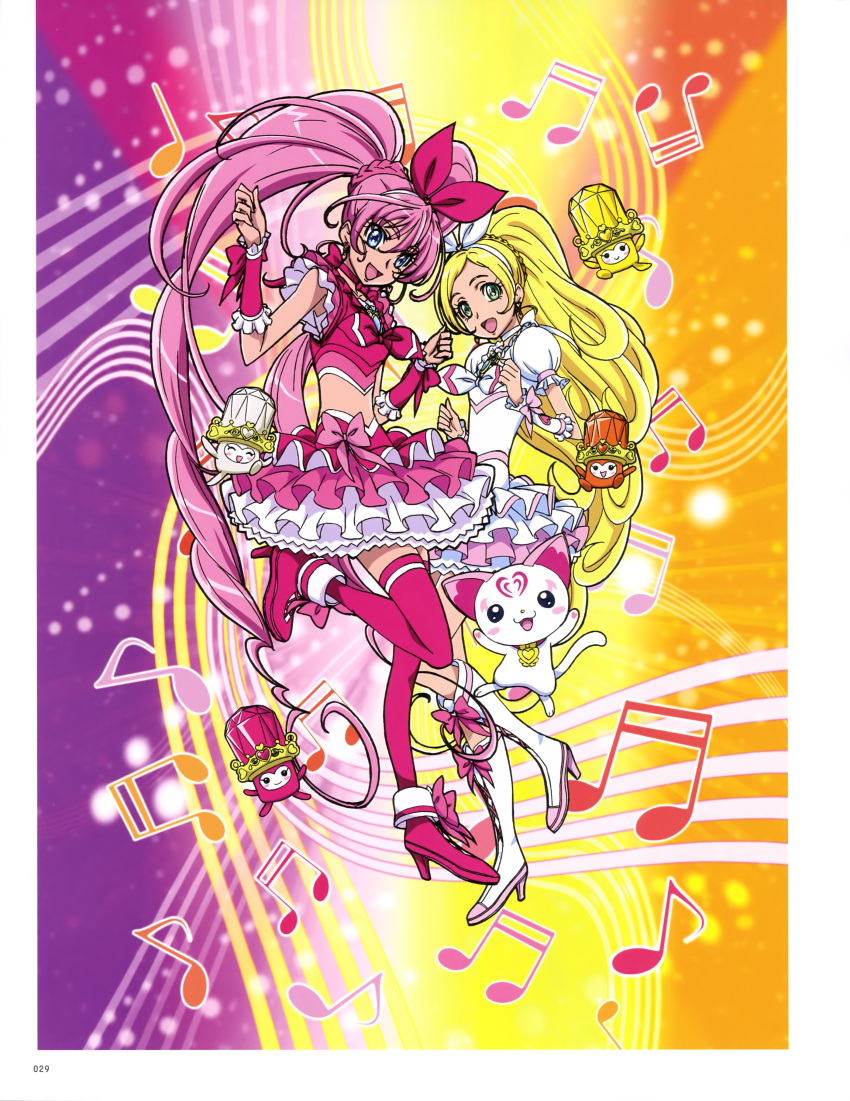 2girls absurdly_long_hair absurdres blonde_hair blue_eyes boots choker cure_melody cure_rhythm dress eyebrows_visible_through_hair full_body hair_between_eyes hair_ribbon hairband high_heel_boots high_heels high_ponytail highres hummy_(suite_precure) knee_boots layered_dress layered_skirt long_hair looking_at_viewer midriff multiple_girls musical_note one_leg_raised pink_hair precure red_legwear red_ribbon ribbon ribbon_choker sleeveless standing suite_precure takahashi_akira thigh-highs twintails very_long_hair white_boots white_dress white_hairband white_ribbon zettai_ryouiki