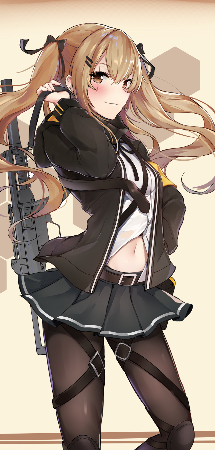 1girl absurdres armband belt black_bow black_jacket black_ribbon bow brown_hair girls_frontline gun h&amp;k_ump hair_ornament hair_ribbon hairclip heckler_&amp;_koch highres jacket jksh5056 knee_pads looking_at_viewer midriff open_clothes open_shirt pantyhose ribbon scar scar_across_eye shirt skirt solo submachine_gun thigh_strap ump9_(girls_frontline) weapon