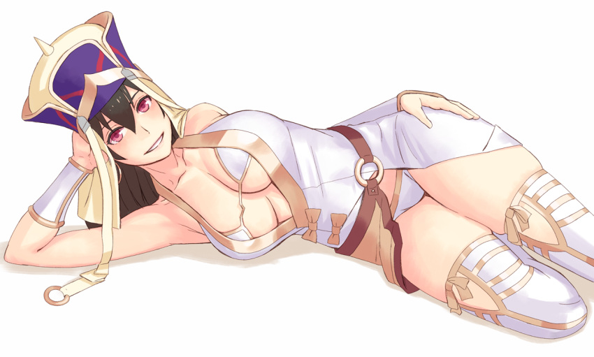 1girl armpits bare_shoulders bead_necklace beads belly_peek bikini bikini_under_clothes black_hair blush bracer breasts cleavage collarbone fate/grand_order fate_(series) hair_between_eyes hat head_rest jewelry large_breasts long_hair looking_at_viewer lying necklace on_side prayer_beads smile solo swimsuit thigh-highs violet_eyes white_bikini white_legwear xuanzang_(fate/grand_order) yuuji_(and)