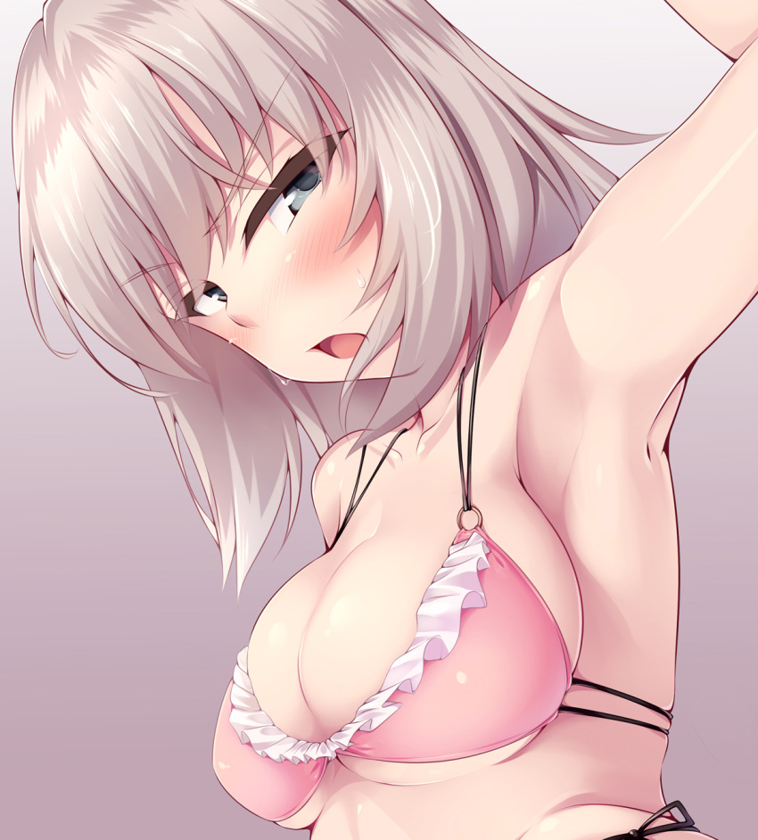 1girl arm_up armpits blush breasts cleavage girls_und_panzer grey_eyes highres itsumi_erika looking_at_viewer medium_breasts nksk open_mouth silver_hair solo swimsuit upper_body