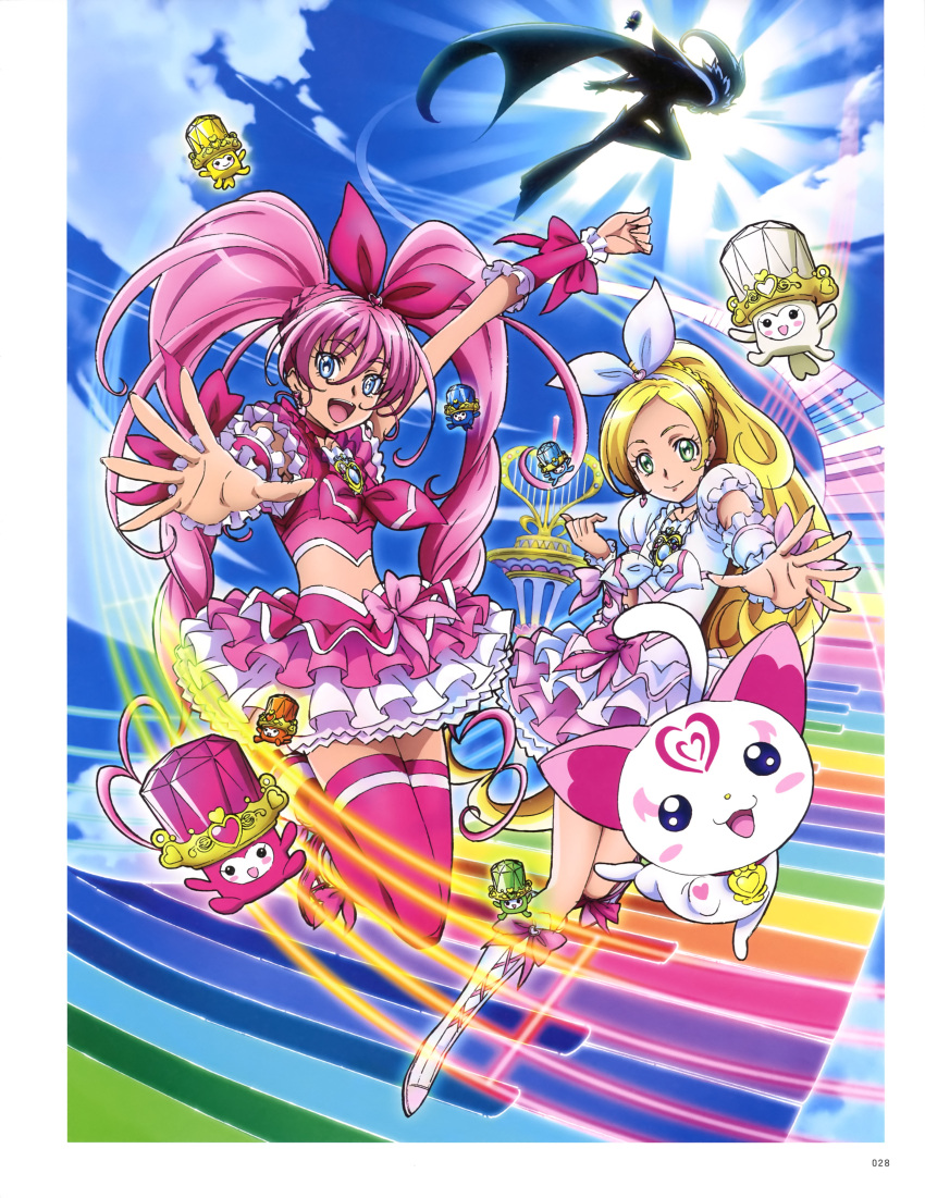 :d absurdres arm_up blonde_hair blue_eyes boots bow cat choker cure_melody cure_muse_(black) cure_rhythm detached_sleeves dress earrings eyebrows_visible_through_hair green_eyes hair_bow hair_ribbon hairband heart heart_earrings high_ponytail highres hummy_(suite_precure) jewelry knee_boots layered_dress layered_skirt long_hair looking_at_viewer midriff open_mouth pink_hair precure red_legwear red_ribbon ribbon ribbon_choker short_sleeves sleeveless smile suite_precure takahashi_akira thigh-highs twintails very_long_hair white_boots white_dress white_hairband white_ribbon zettai_ryouiki